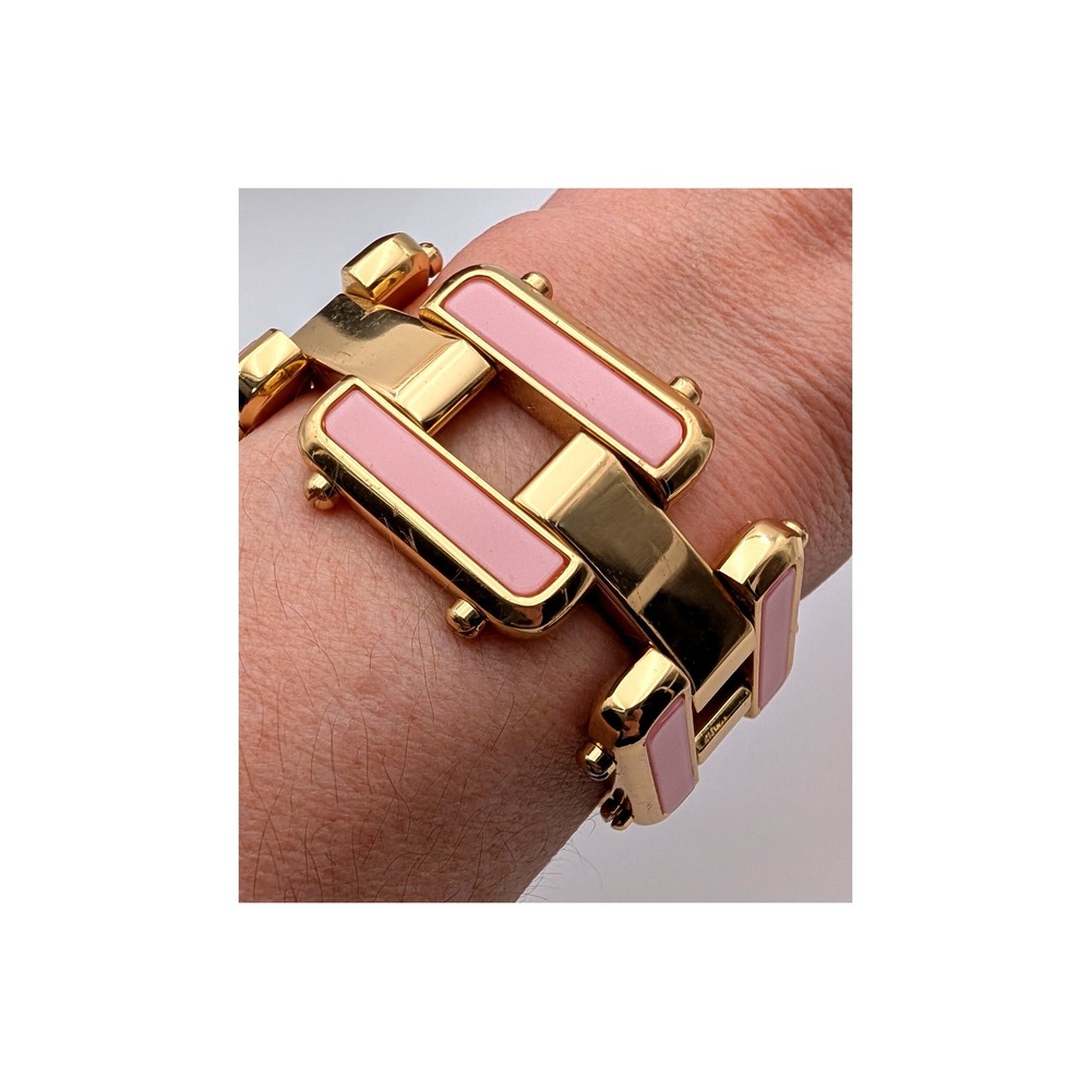 Gold Tone Pink Enamel Geometric Link Bracelet Vintage Style Rectangular Chunky